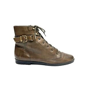 Vintage 1990s khaki green leather lace up buckle strap ankle rise granny boots